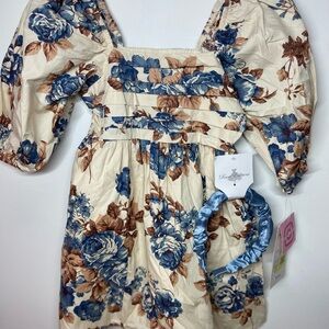 Rare Editions Cream and Blue Floral Dress with Headband